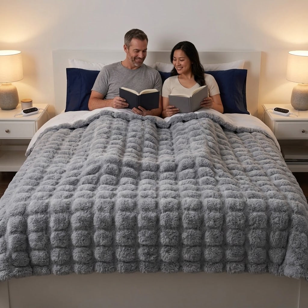 The Blanketory Couples heated blanket with dual controllers on a bed
