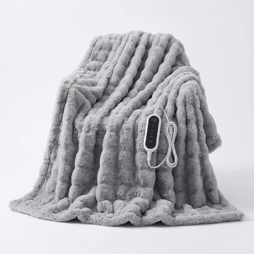 The Blanketory heated throw folded on a sofa