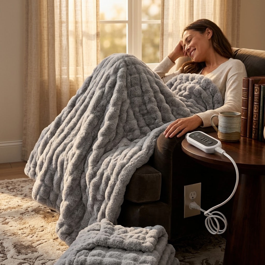 A Blanketory faux fur heated blanket on a sofa