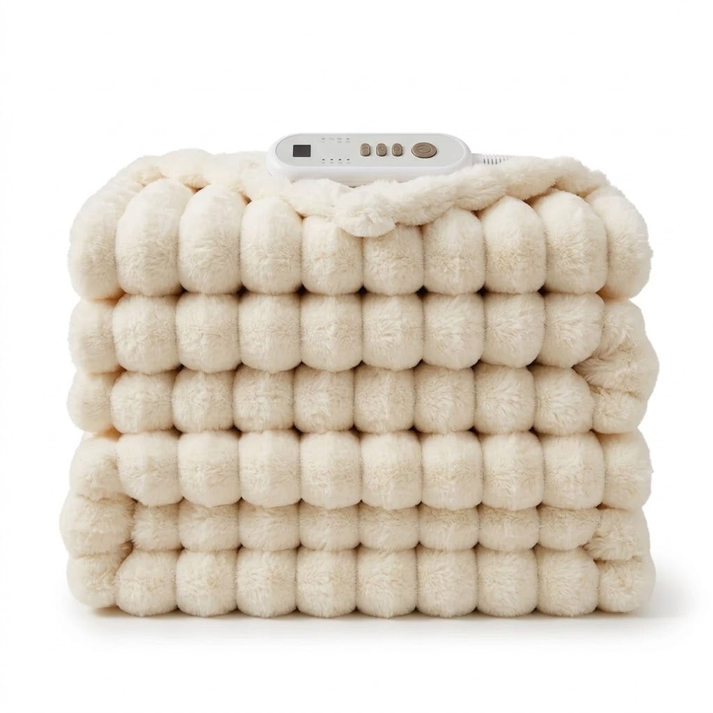 The Blanketory ruched heated blanket on a bed