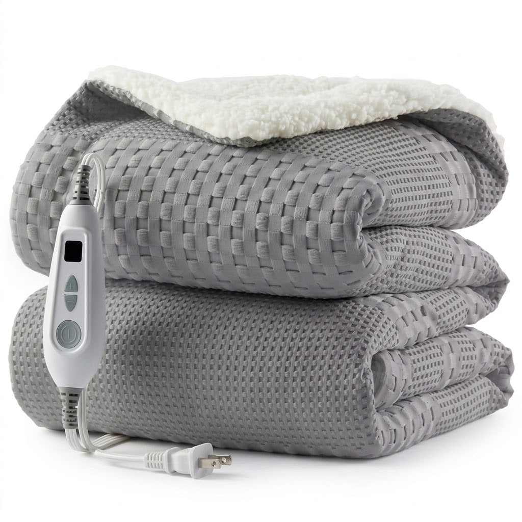 Cashmere Grey – basketweave fleece and sherpa electric heated blanket, folded with controller