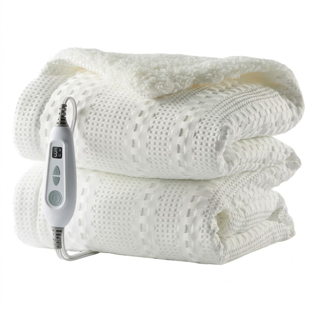 Cloud White – basketweave fleece and sherpa electric heated blanket, folded with controller