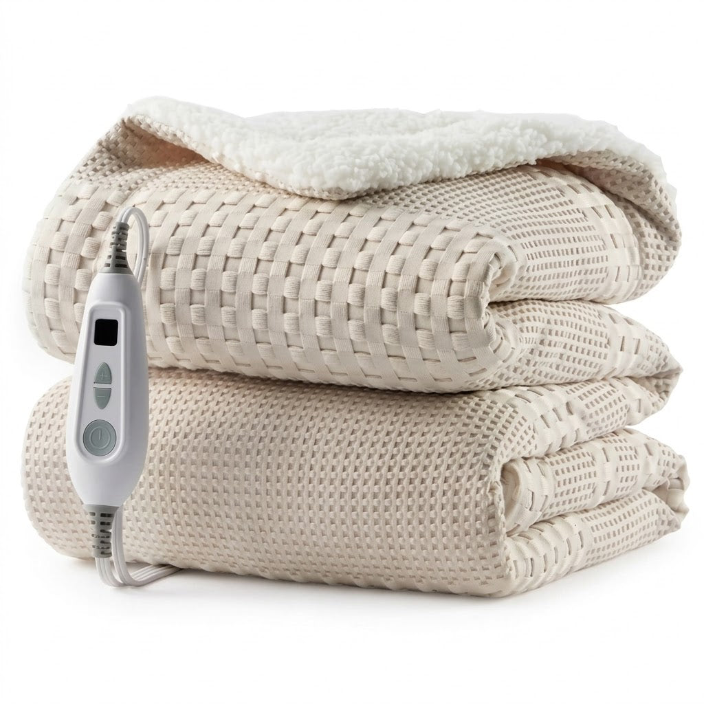 Oat Milk – basketweave fleece and sherpa electric heated blanket, folded with controller