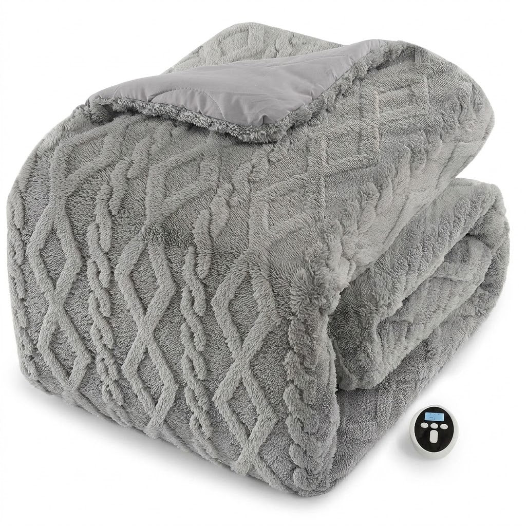 Cashmere Grey – Queen 90 × 90 in dual-zone electric heated blanket, folded with controllers