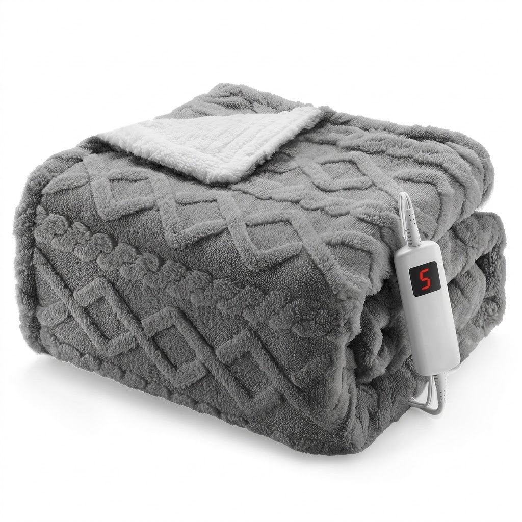 Cashmere Grey – tufted sherpa electric heated throw blanket, folded with controller
