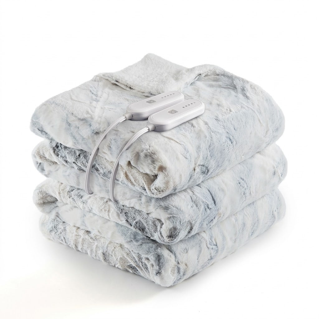 Frosted Pearl – marbled faux fur electric heated blanket, folded with controllers
