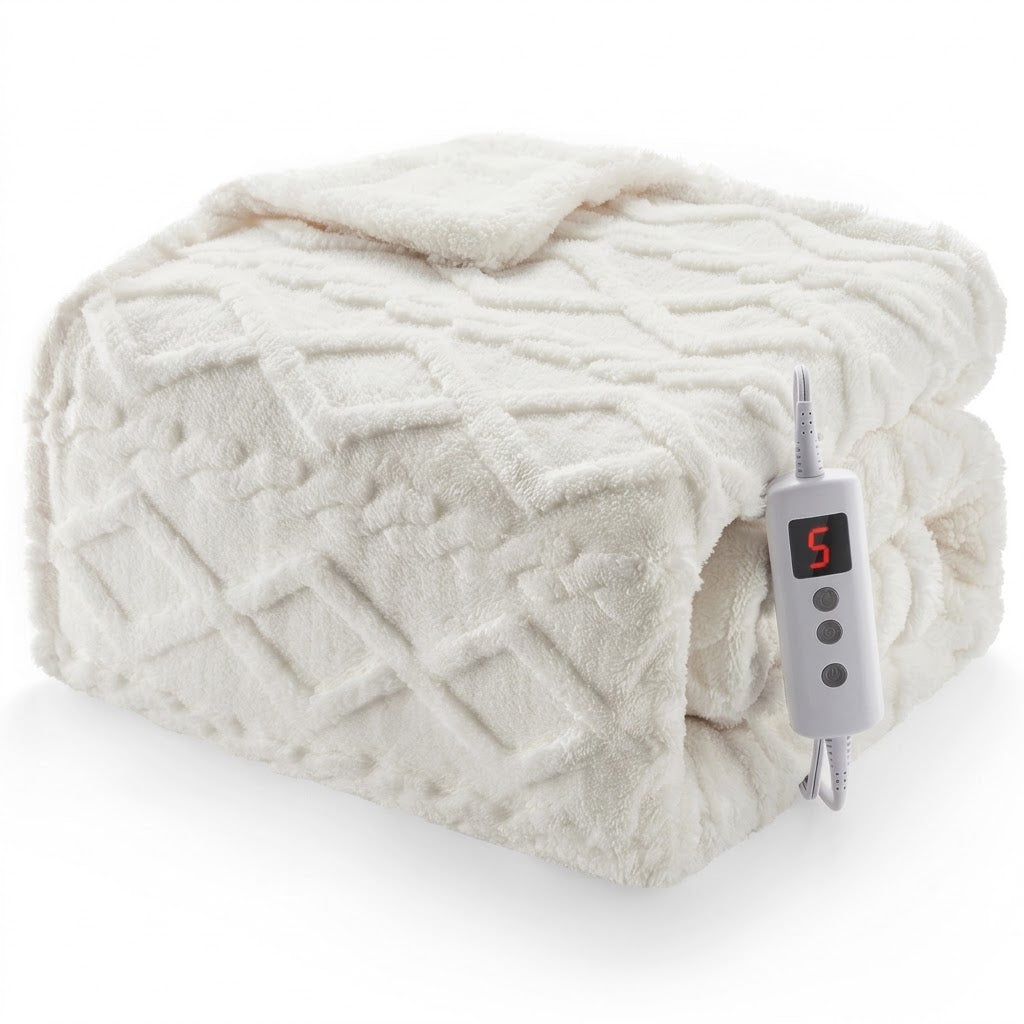 Ivory Cloud – tufted sherpa electric heated throw blanket, folded with controller