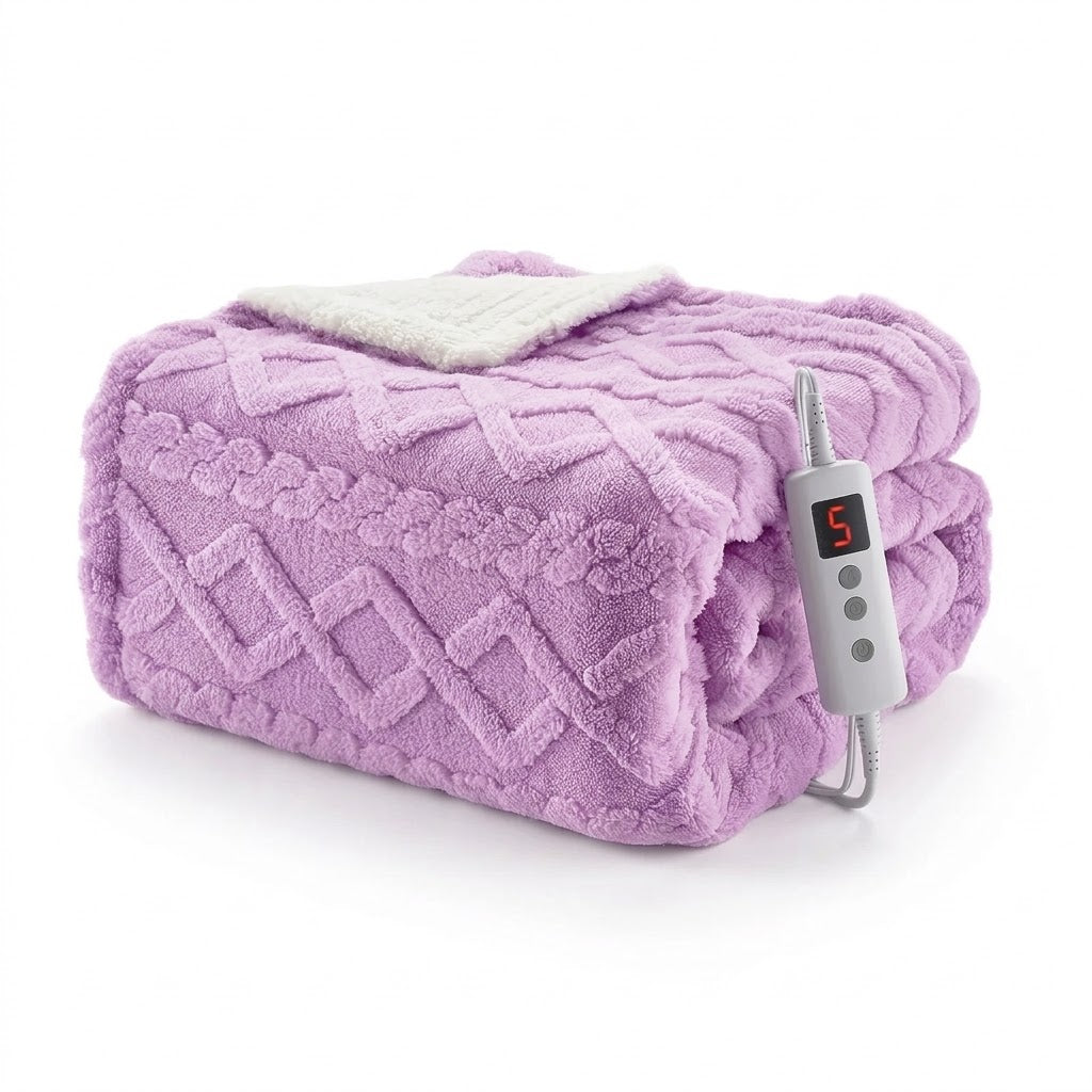 Lavender Haze – tufted sherpa electric heated throw blanket, folded with controller