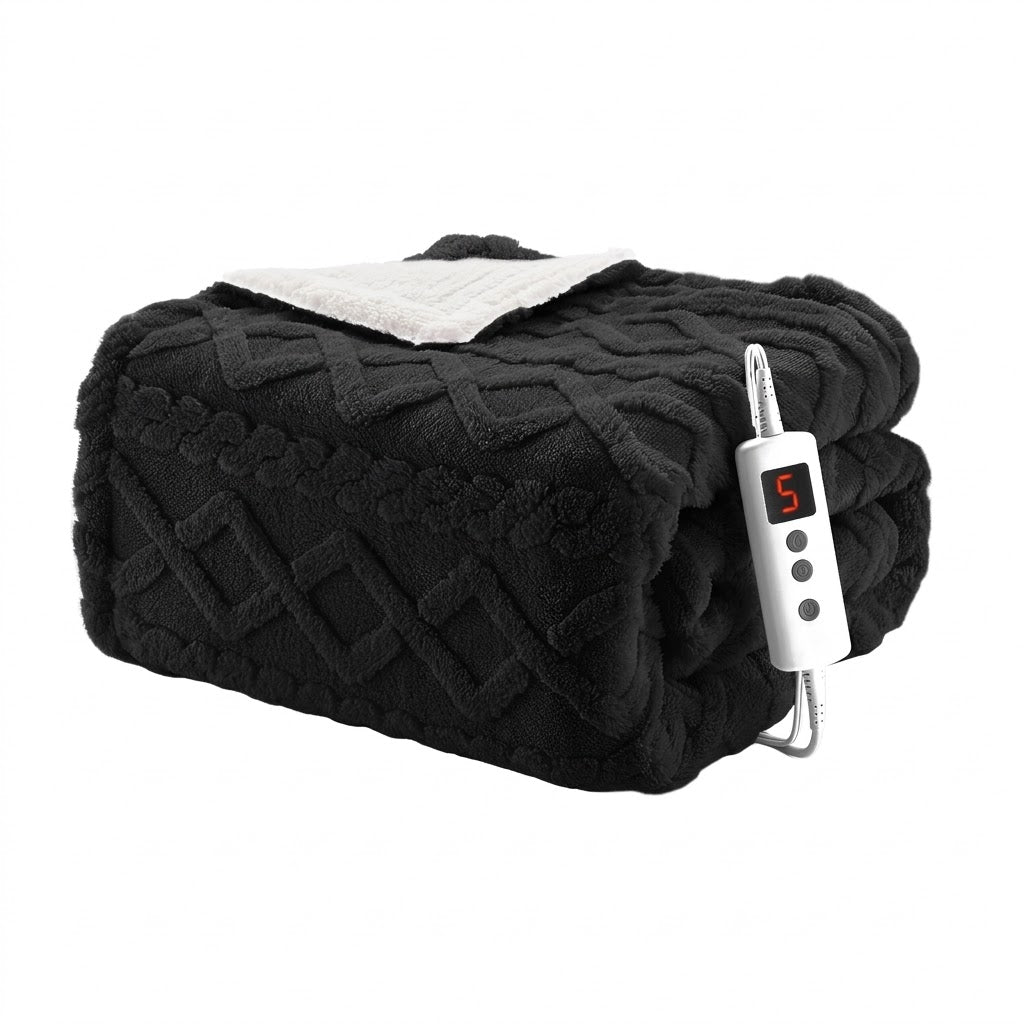 Midnight Onyx – tufted sherpa electric heated throw blanket, folded with controller