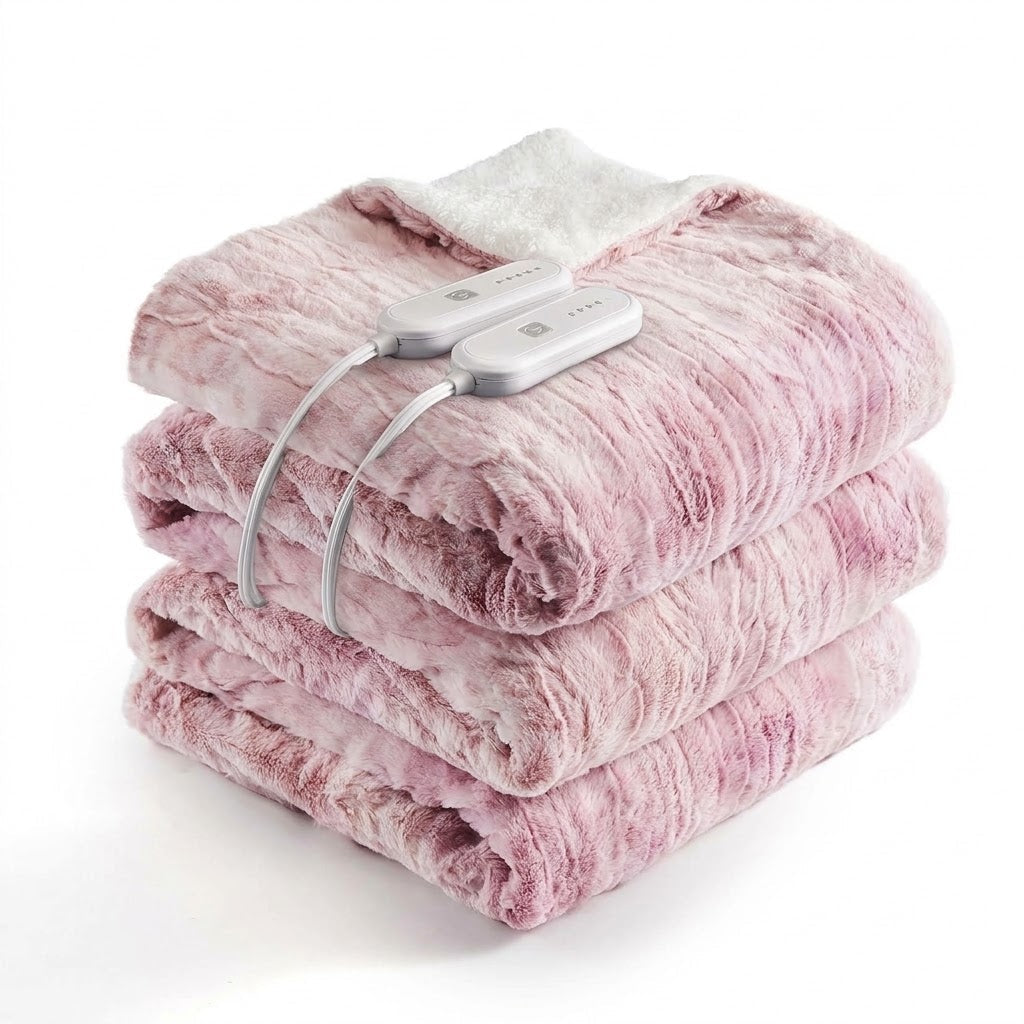Rose Quartz – marbled faux fur electric heated blanket, folded with controllers