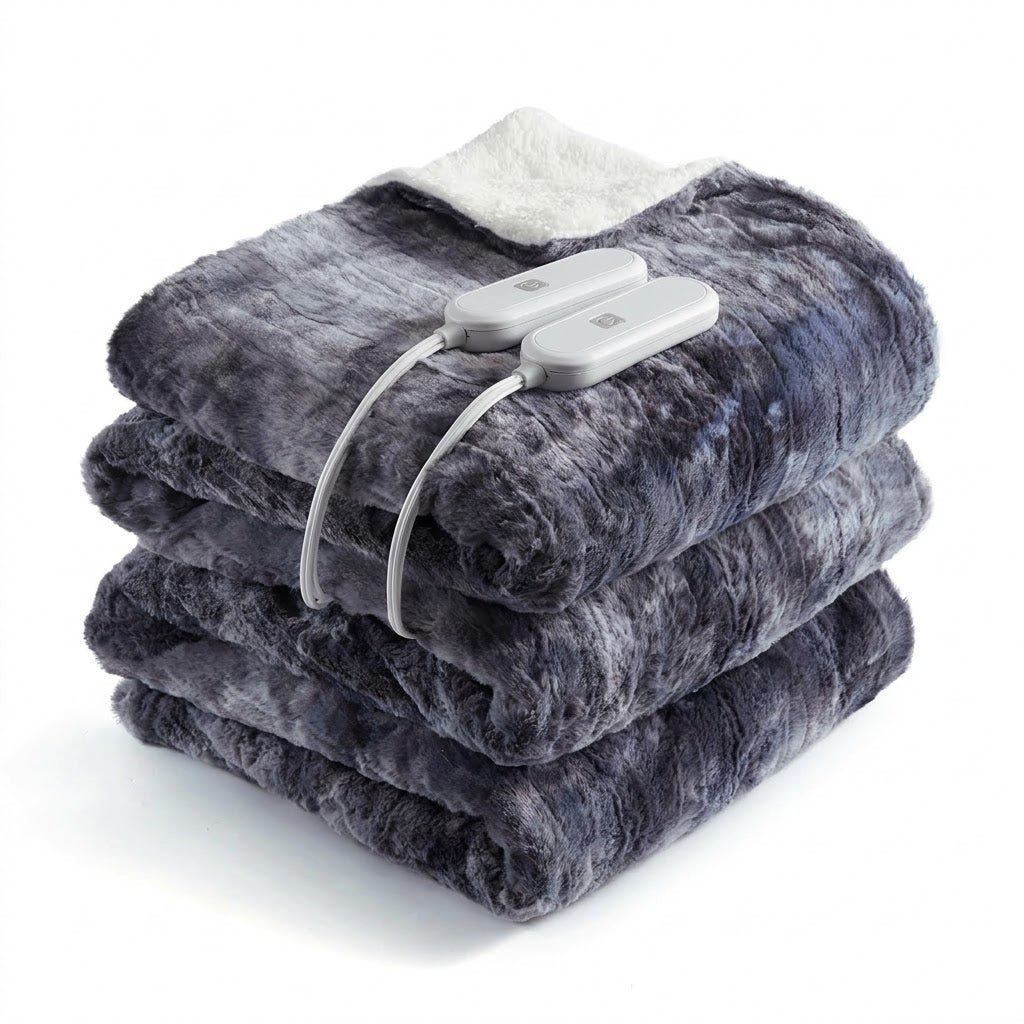 Smoky Quartz – marbled faux fur electric heated blanket, folded with controllers