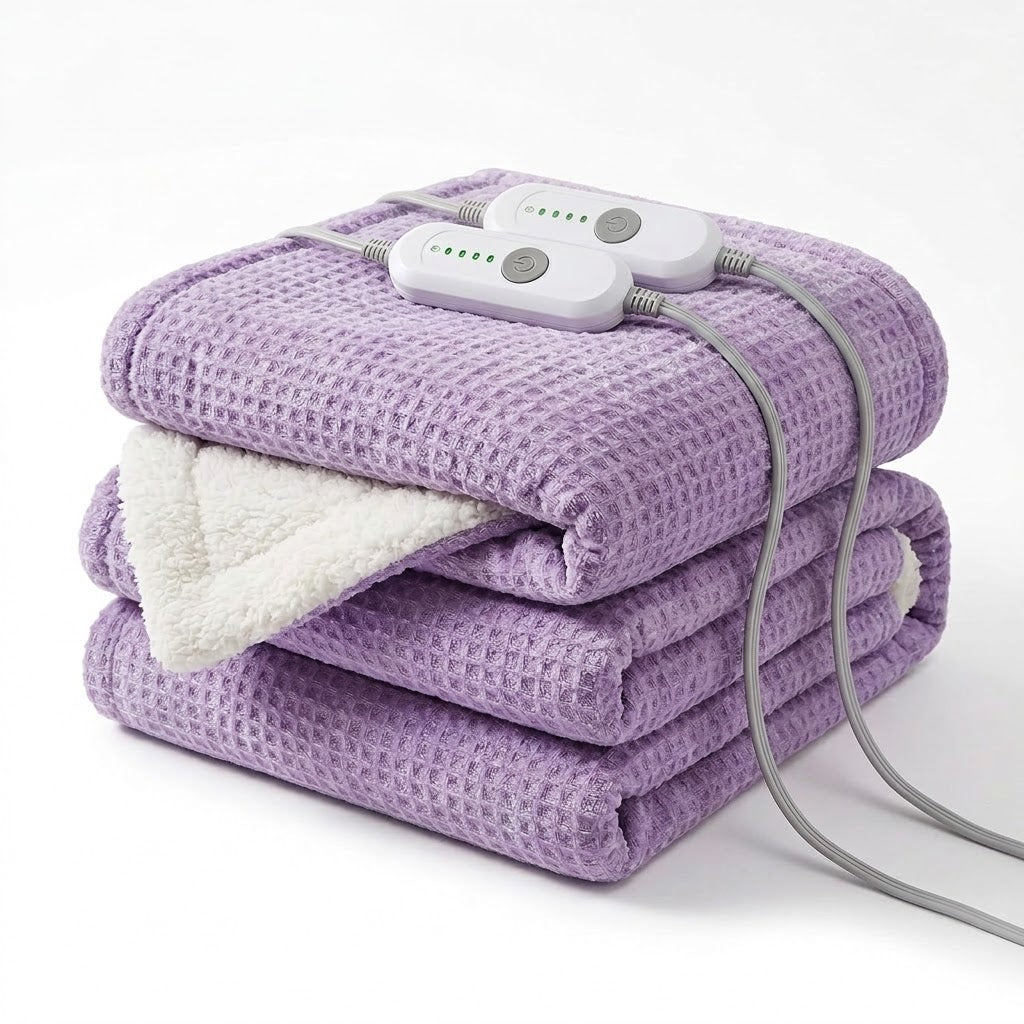 Lavender Haze – waffle flannel and sherpa electric heated blanket, King 90 × 100 in, folded with controllers